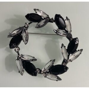 Vintage Japanned Rhinestone Brooch Circle Pin Black & Crystal Marquise Jewelry
